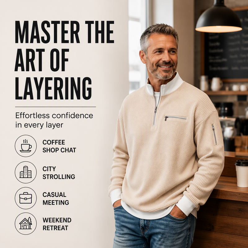 Casual herensweatshirt met wafelpatroon en kwartritssluiting