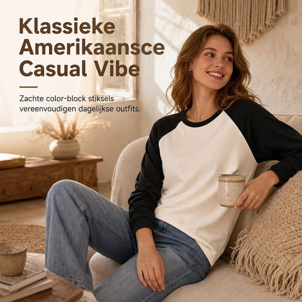 💋Geniet van een 30-daags probleemloos retourbeleid!✅️Casueel los dames T-shirt met ronde hals, lange mouwen en kleurenblok