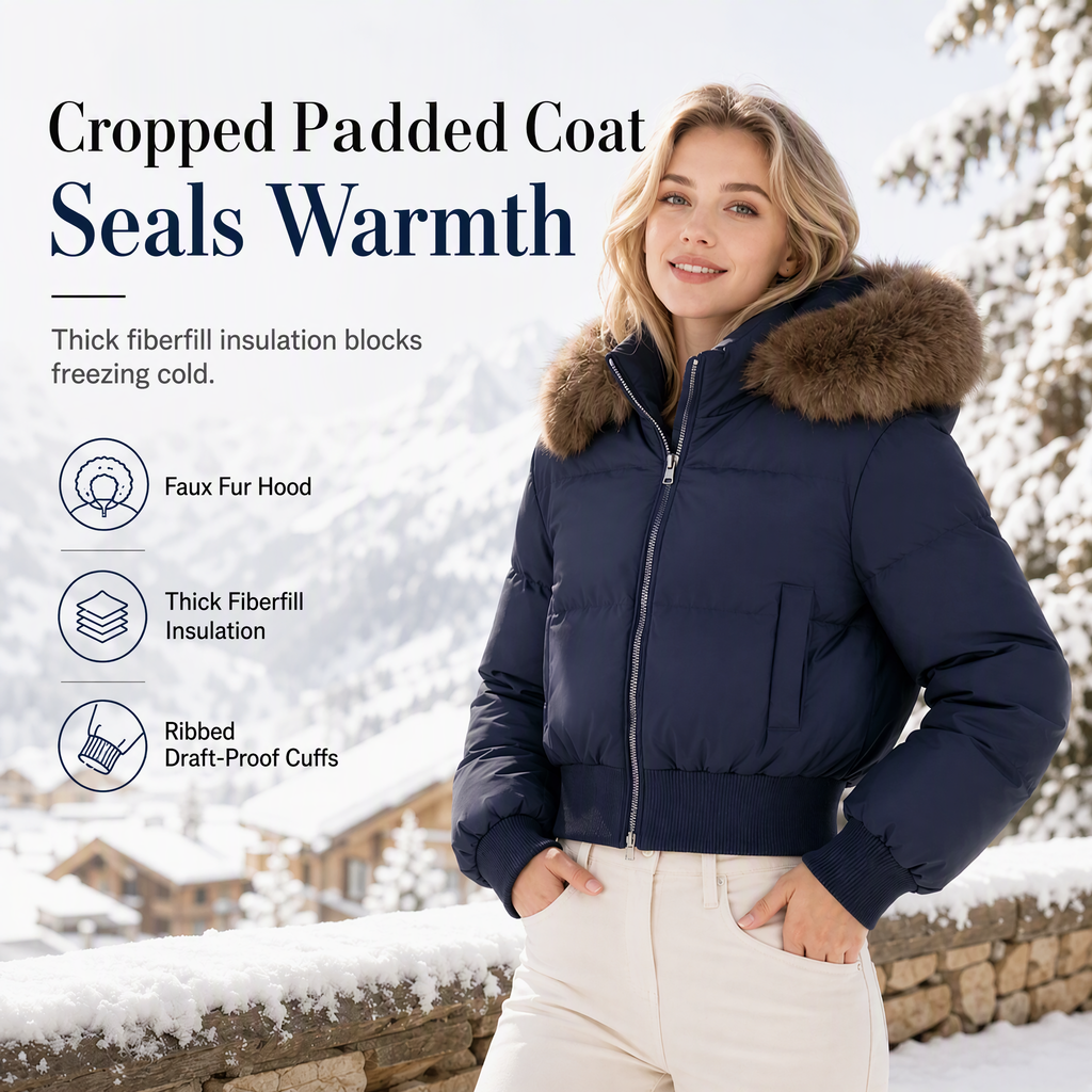 🔥Gratis verzending✈️Dames Winter Korte Gewatteerde Jas met Bontkraag en Capuchon
