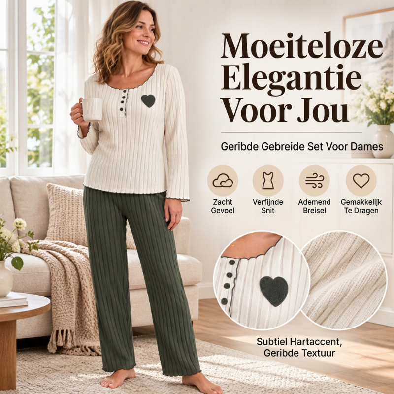 🔥Gratis verzending✈️Dames Pyjamaset met Hartjeborduurwerk en Ribbels