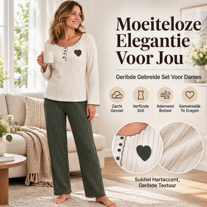 🔥Gratis verzending✈️Dames Pyjamaset met Hartjeborduurwerk en Ribbels