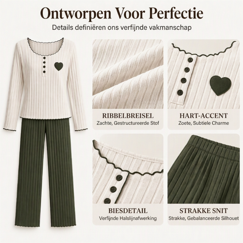 🔥Gratis verzending✈️Dames Pyjamaset met Hartjeborduurwerk en Ribbels