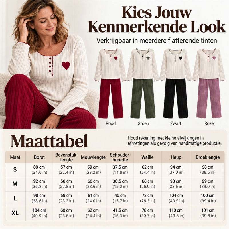 🔥Gratis verzending✈️Dames Pyjamaset met Hartjeborduurwerk en Ribbels