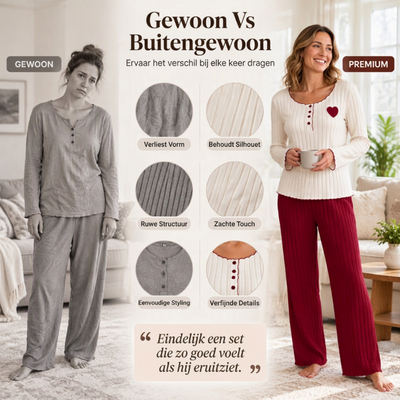 🔥Gratis verzending✈️Dames Pyjamaset met Hartjeborduurwerk en Ribbels