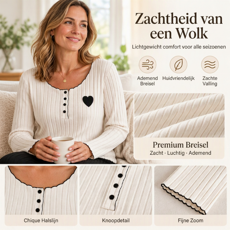 🔥Gratis verzending✈️Dames Pyjamaset met Hartjeborduurwerk en Ribbels