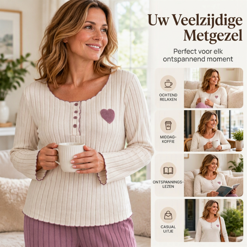 🔥Gratis verzending✈️Dames Pyjamaset met Hartjeborduurwerk en Ribbels