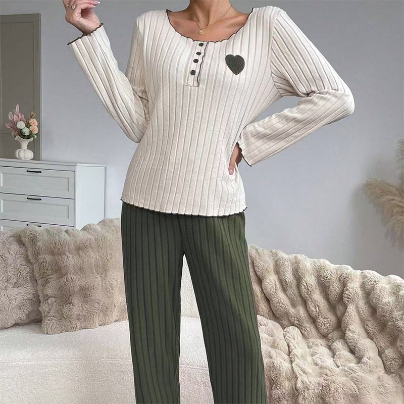 🔥Gratis verzending✈️Dames Pyjamaset met Hartjeborduurwerk en Ribbels