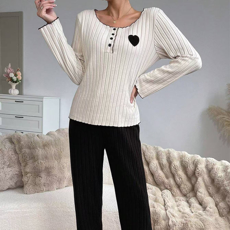 🔥Gratis verzending✈️Dames Pyjamaset met Hartjeborduurwerk en Ribbels