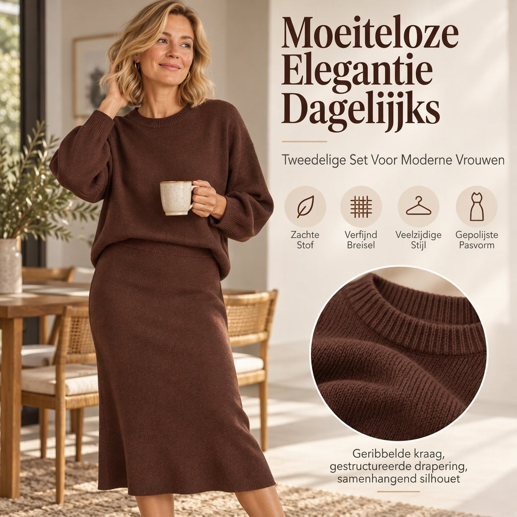 Dames gebreid ensemble met ronde hals top en midirok