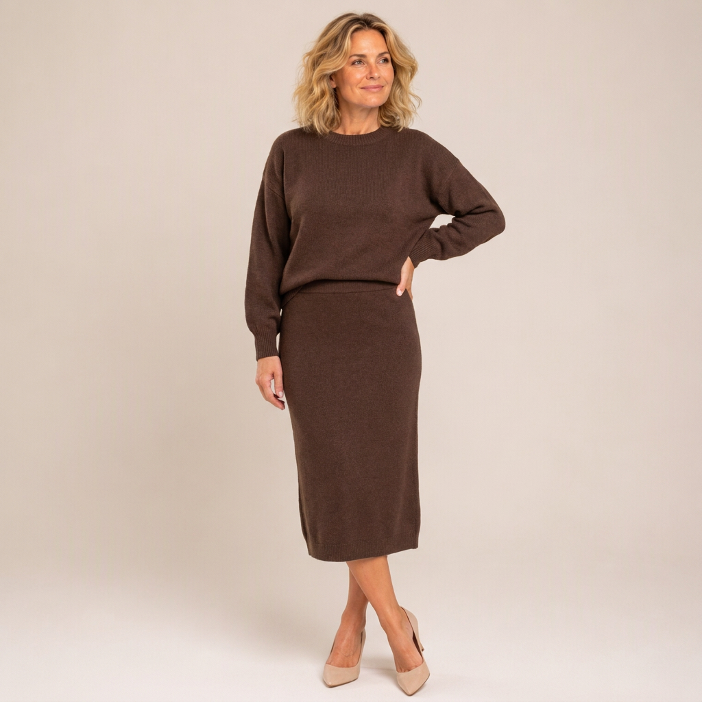Dames gebreid ensemble met ronde hals top en midirok