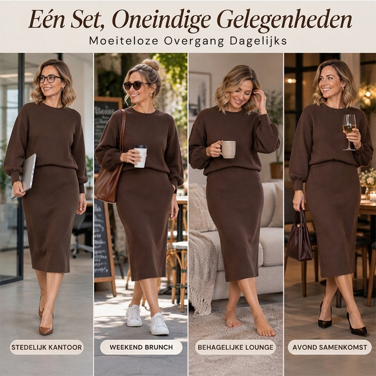 Dames gebreid ensemble met ronde hals top en midirok