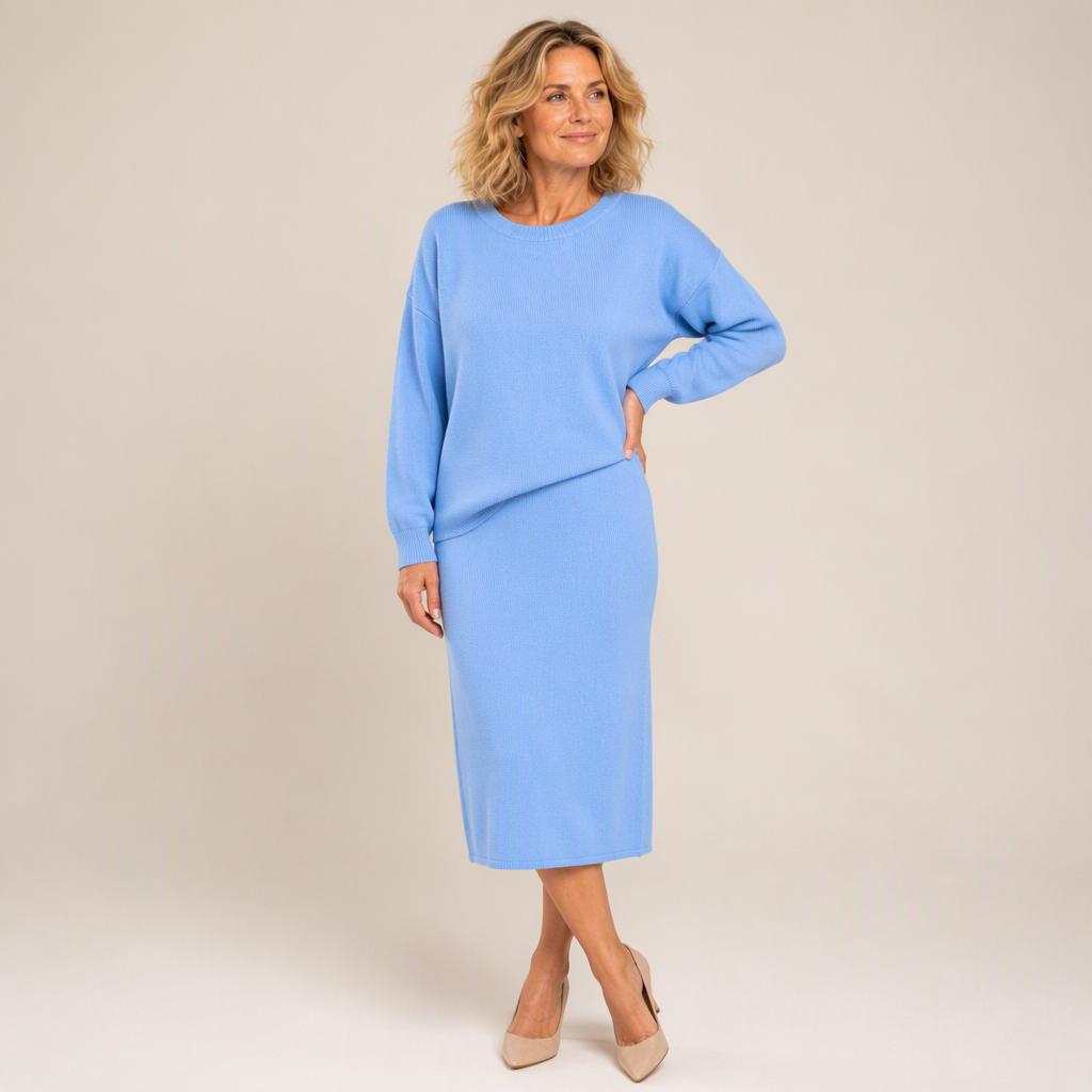 Dames gebreid ensemble met ronde hals top en midirok