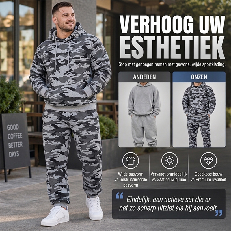 🔥Gratis verzending✈️Heren set van camouflage hoodie en broek met pluche voering