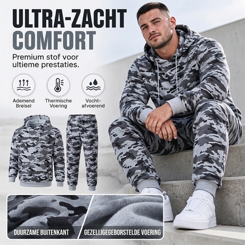 🔥Gratis verzending✈️Heren set van camouflage hoodie en broek met pluche voering