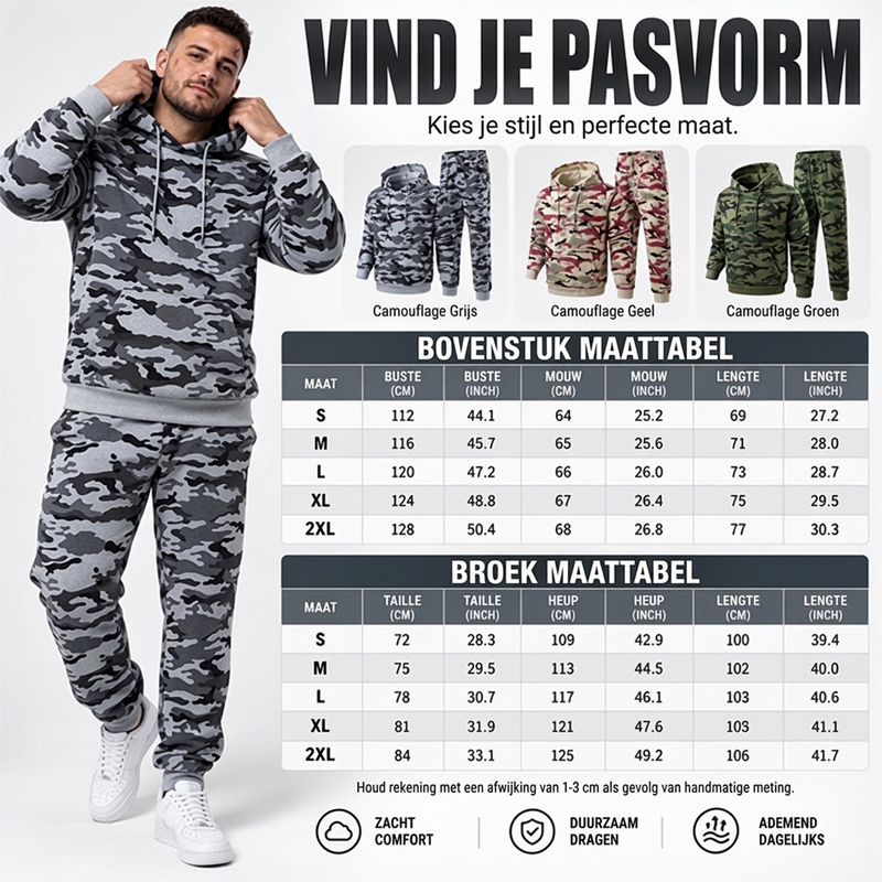 🔥Gratis verzending✈️Heren set van camouflage hoodie en broek met pluche voering