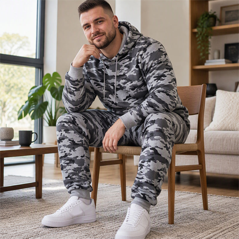 🔥Gratis verzending✈️Heren set van camouflage hoodie en broek met pluche voering