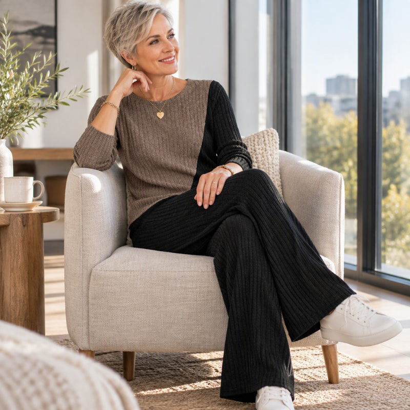 🔥Gratis verzending✈️Vrouwen casual kleurblok geribbelde gebreide 2-delige set