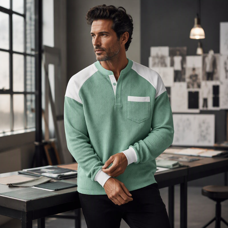 🔥Gratis verzending✈️Heren casual geblokte wafelgebreide henley-top
