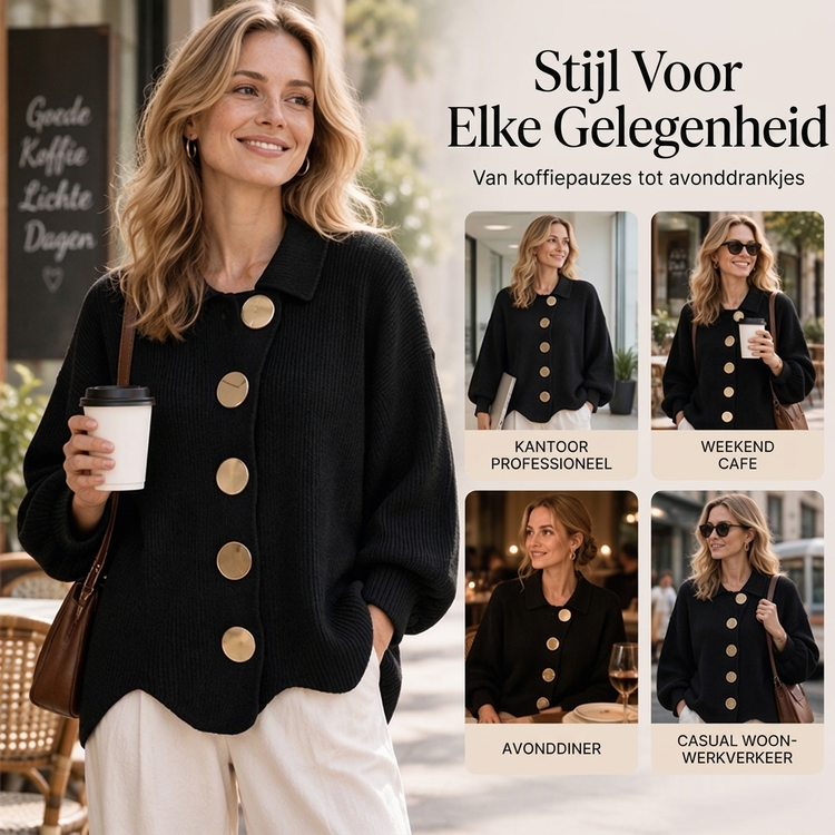 🔥Gratis verzending✈️Dames Elegante revers gebreid vest met gouden knopen