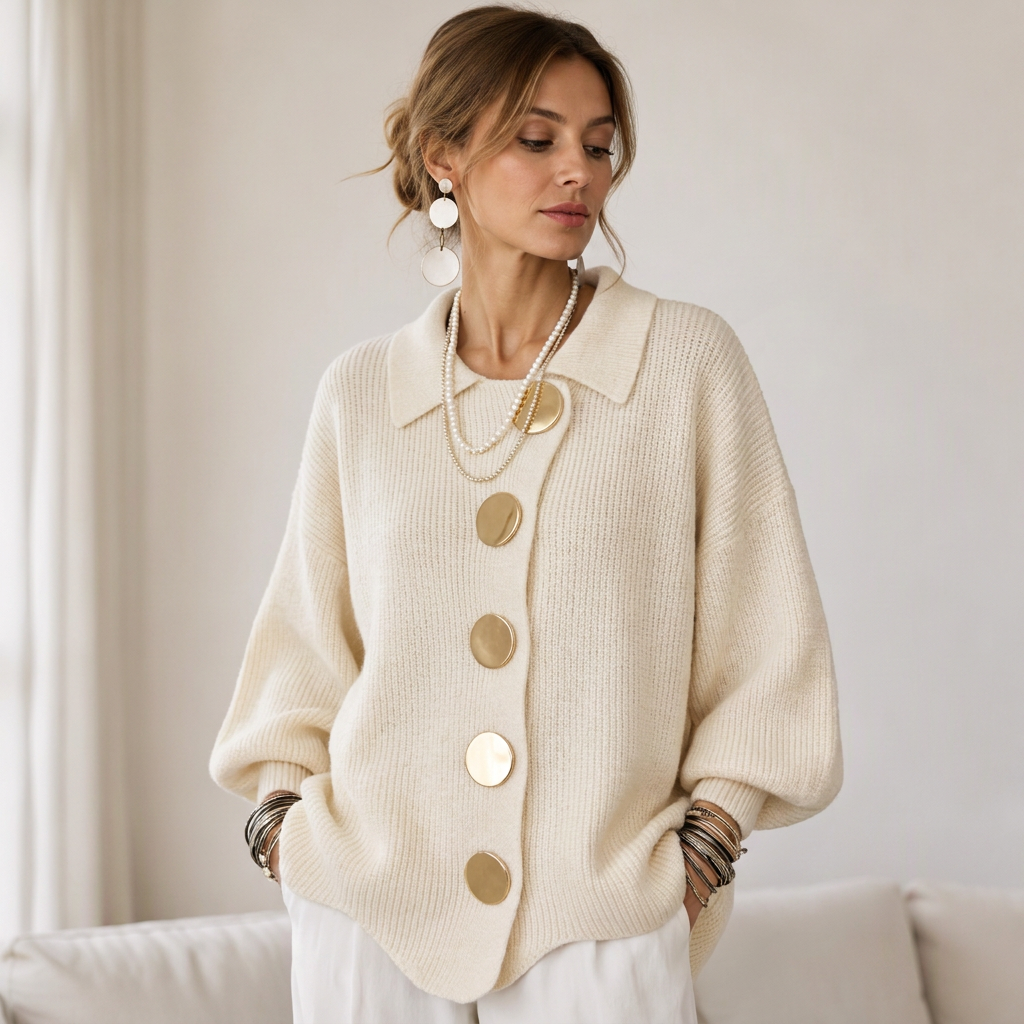 🔥Gratis verzending✈️Dames Elegante revers gebreid vest met gouden knopen