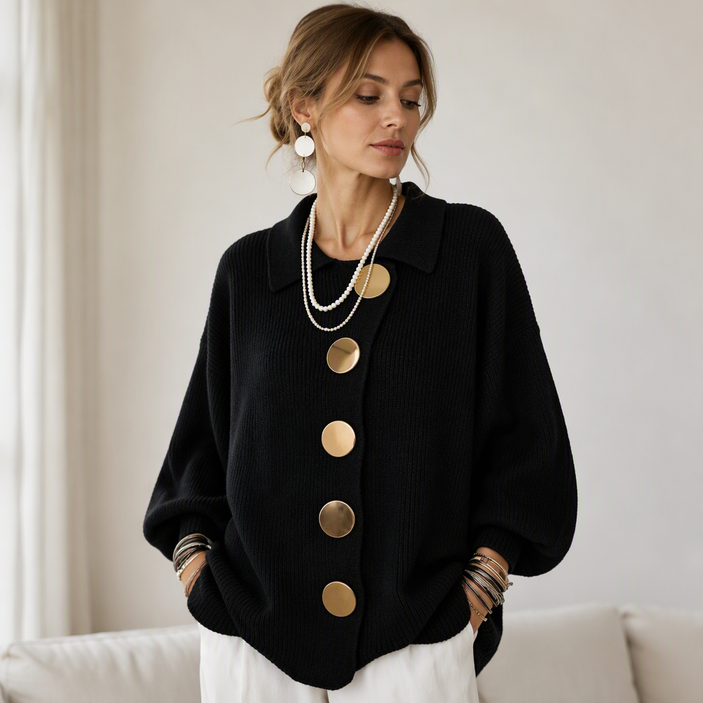🔥Gratis verzending✈️Dames Elegante revers gebreid vest met gouden knopen