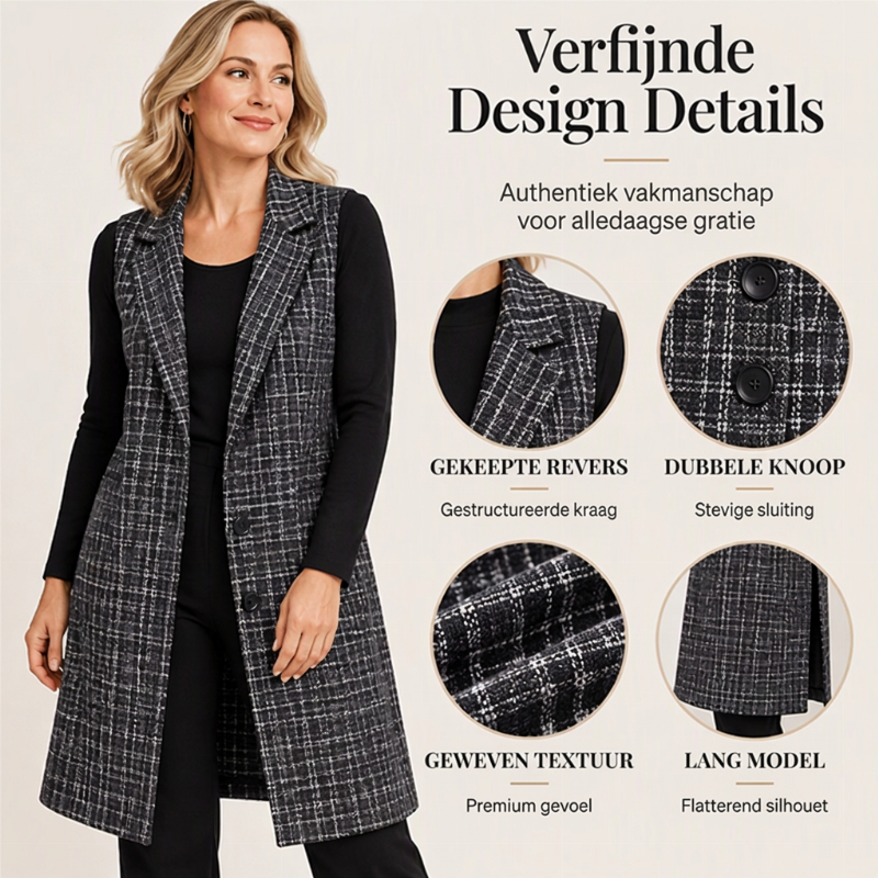 🔥Gratis verzending✈️Geruite Vrouwenvest met Schouderkraag en Lange Lengte