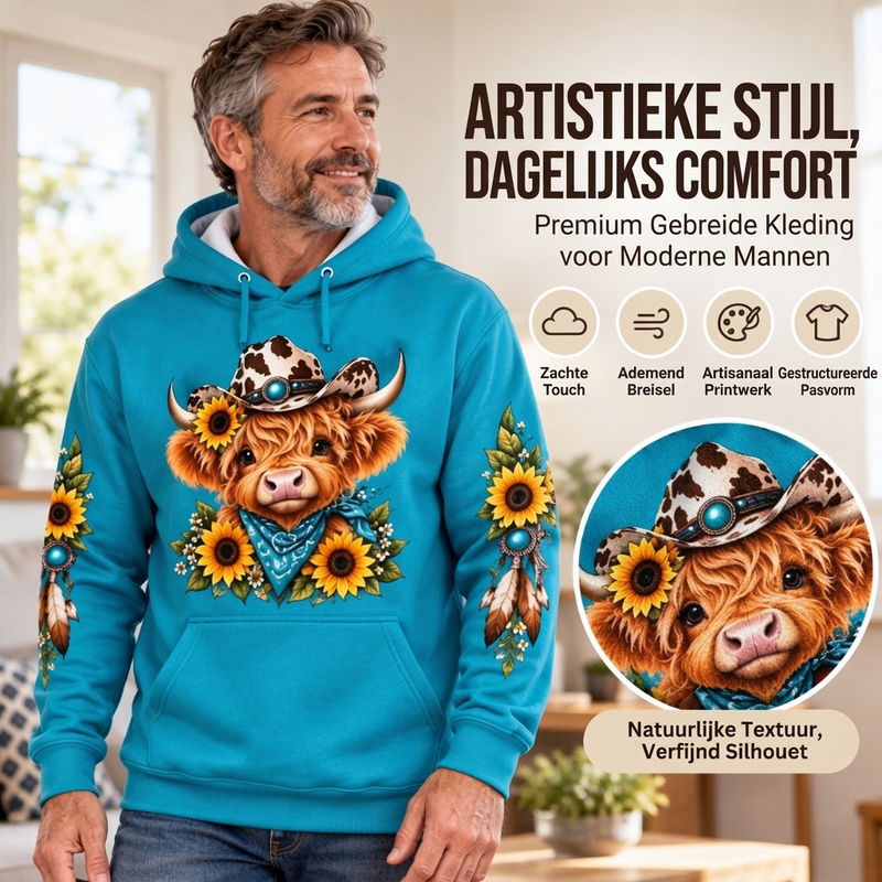 🔥Gratis verzending✈️Heren hoodie met highland-koe-print en zak