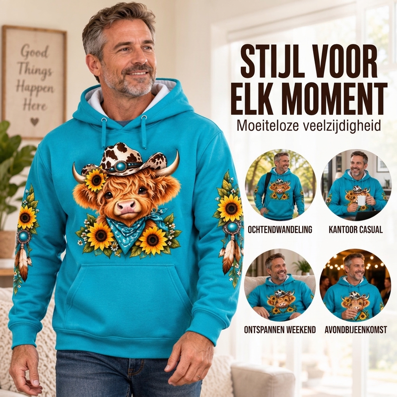 🔥Gratis verzending✈️Heren hoodie met highland-koe-print en zak