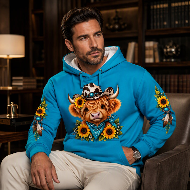 🔥Gratis verzending✈️Heren hoodie met highland-koe-print en zak