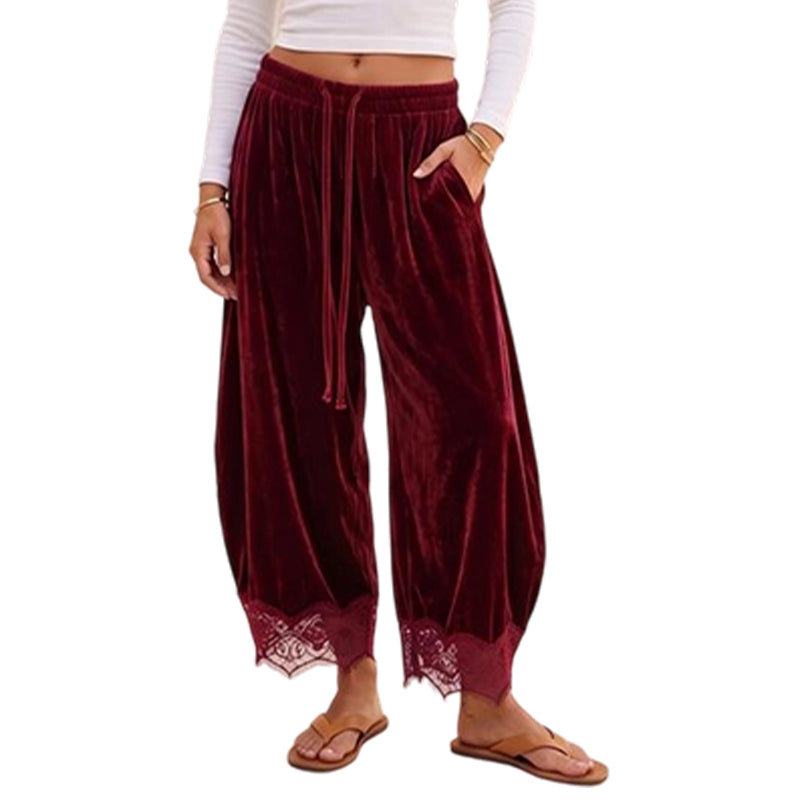 🔥Gratis verzending✈️Dames fluwelen wijde broek met kant afwerking