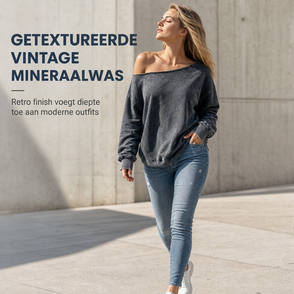 🔥Gratis verzending✈️Casual sweatshirt voor dames, off-shoulder, gewassen stof, oversized en slouchy fit