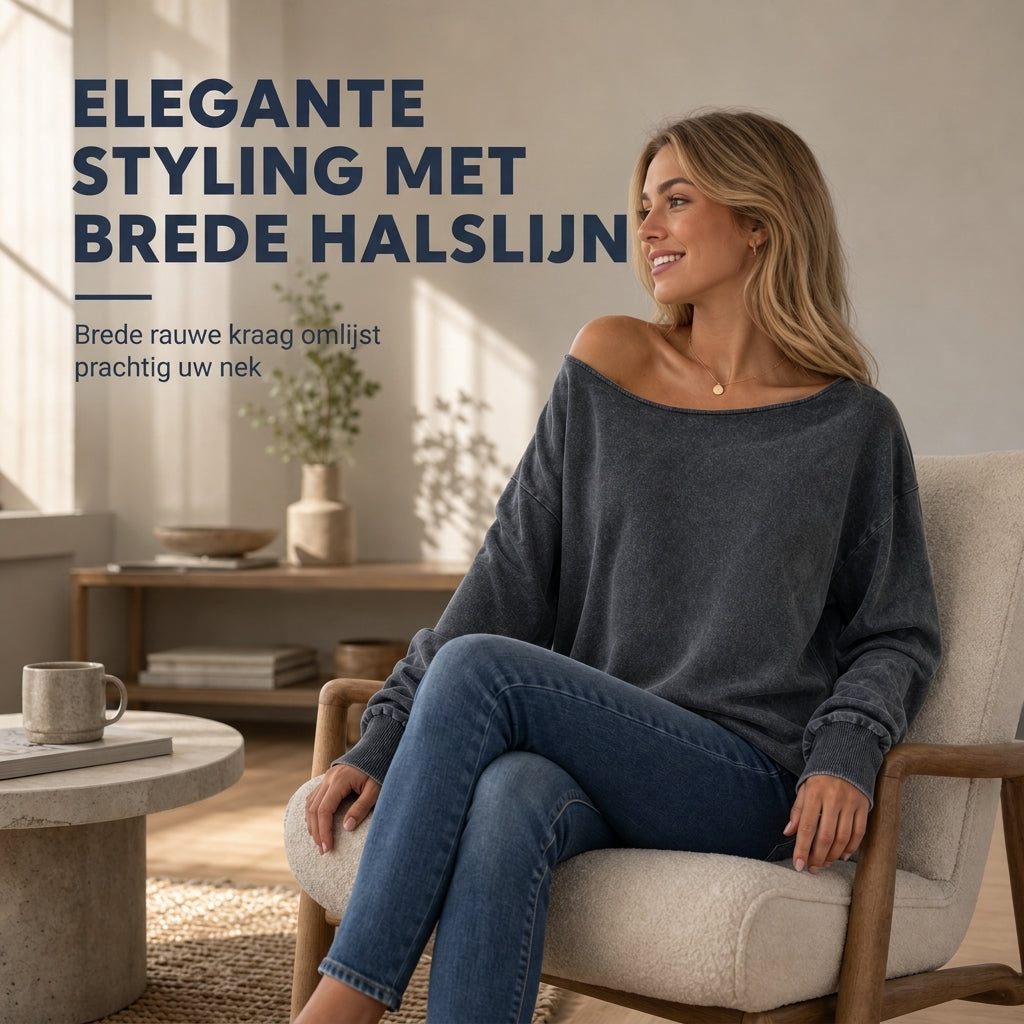🔥Gratis verzending✈️Casual sweatshirt voor dames, off-shoulder, gewassen stof, oversized en slouchy fit
