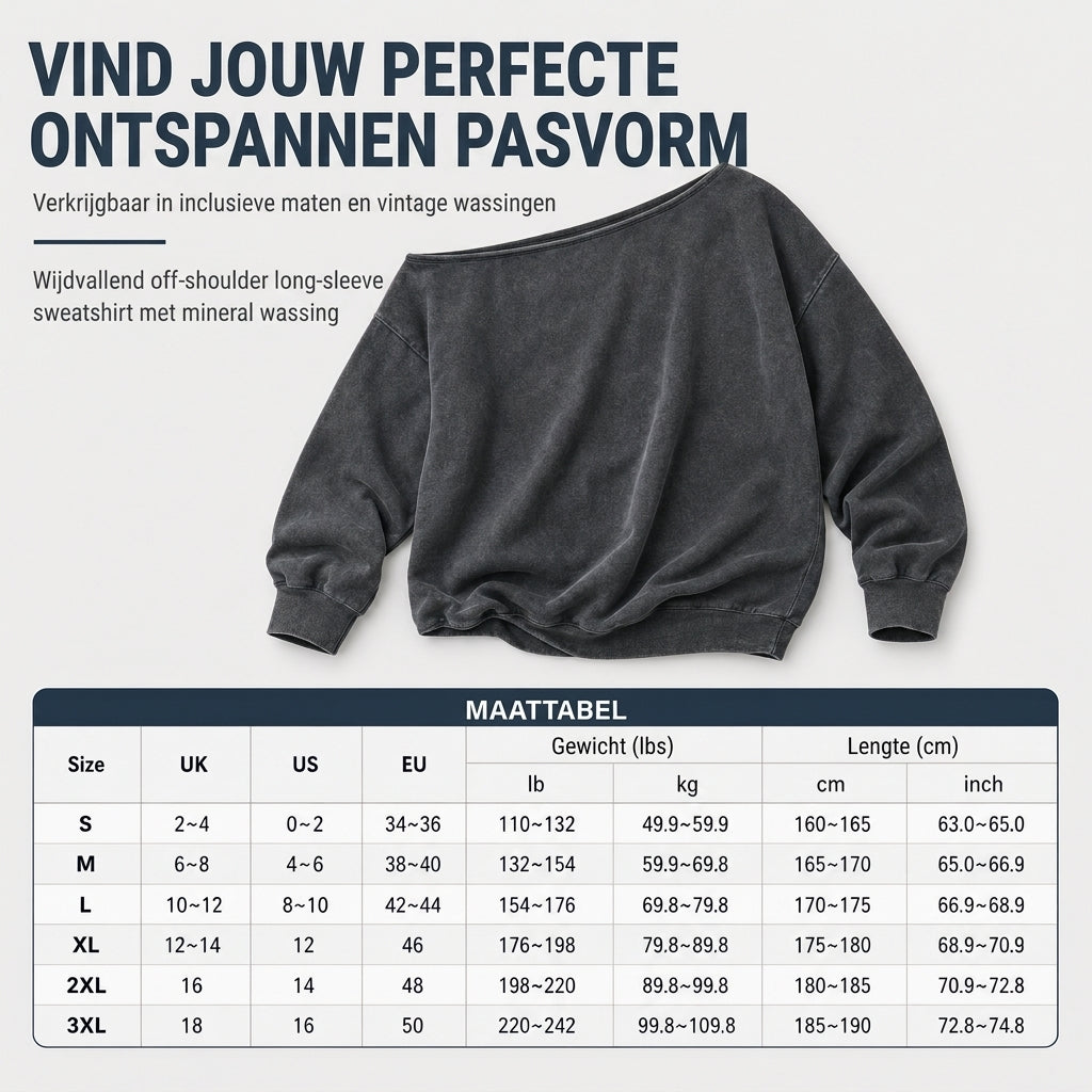 🔥Gratis verzending✈️Casual sweatshirt voor dames, off-shoulder, gewassen stof, oversized en slouchy fit