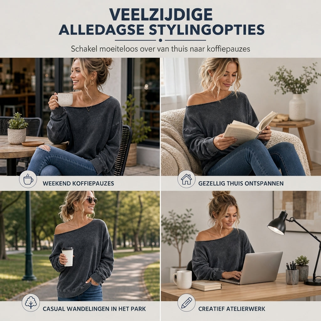 🔥Gratis verzending✈️Casual sweatshirt voor dames, off-shoulder, gewassen stof, oversized en slouchy fit