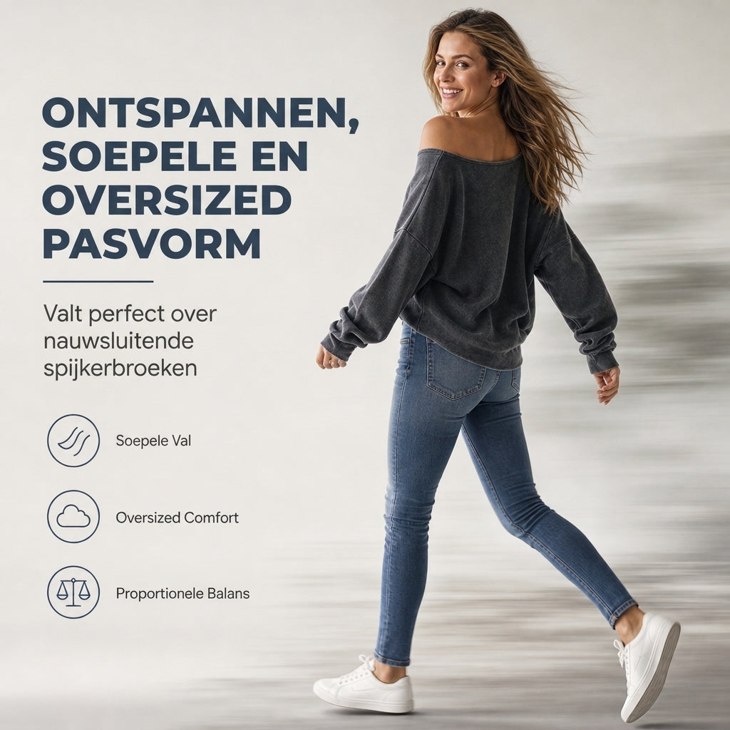 🔥Gratis verzending✈️Casual sweatshirt voor dames, off-shoulder, gewassen stof, oversized en slouchy fit