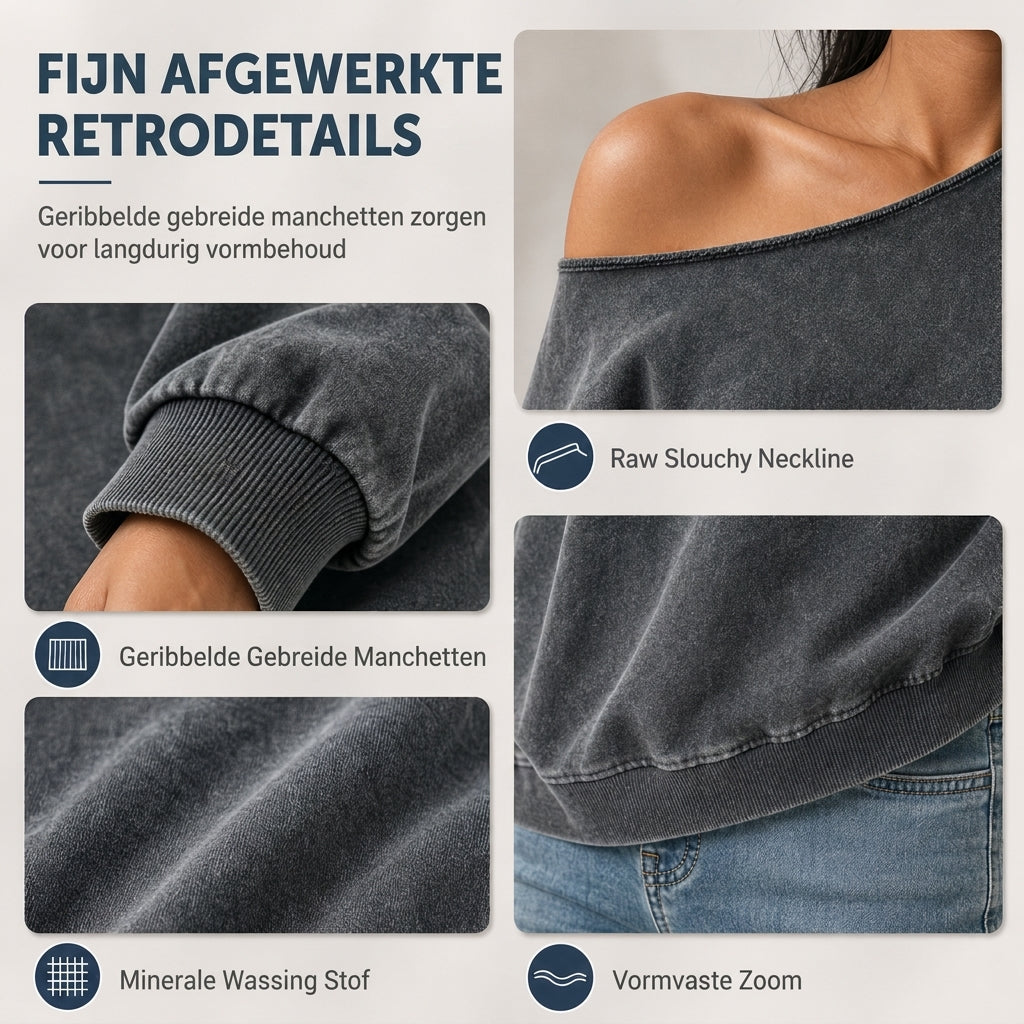 🔥Gratis verzending✈️Casual sweatshirt voor dames, off-shoulder, gewassen stof, oversized en slouchy fit