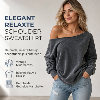 🔥Gratis verzending✈️Casual sweatshirt voor dames, off-shoulder, gewassen stof, oversized en slouchy fit