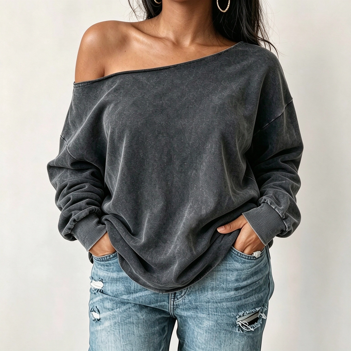 🔥Gratis verzending✈️Casual sweatshirt voor dames, off-shoulder, gewassen stof, oversized en slouchy fit