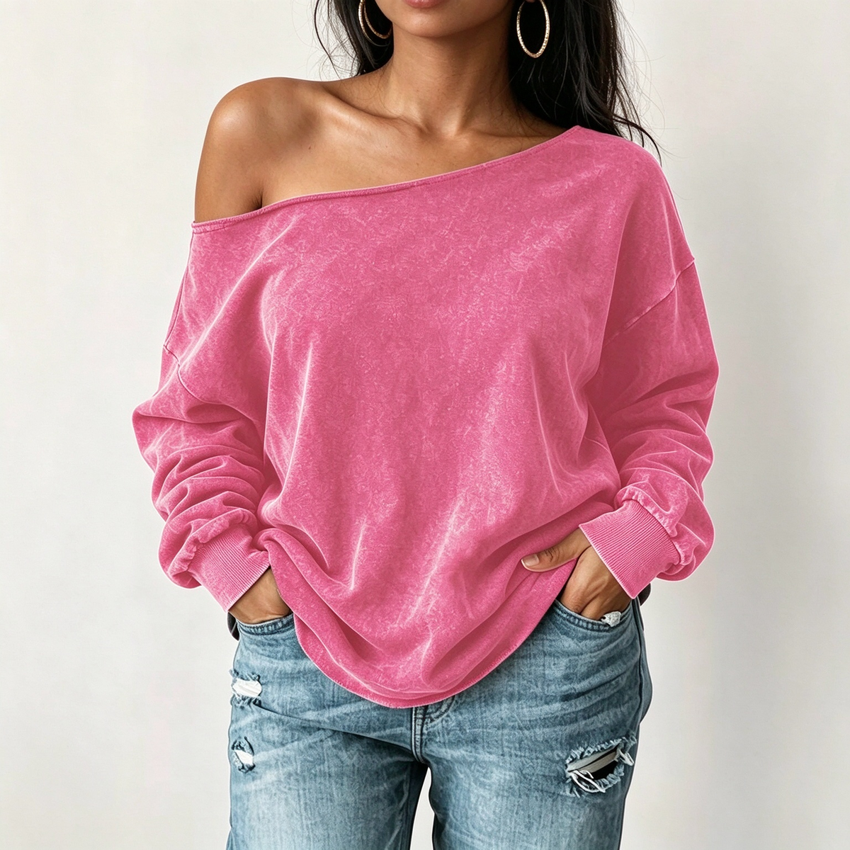🔥Gratis verzending✈️Casual sweatshirt voor dames, off-shoulder, gewassen stof, oversized en slouchy fit
