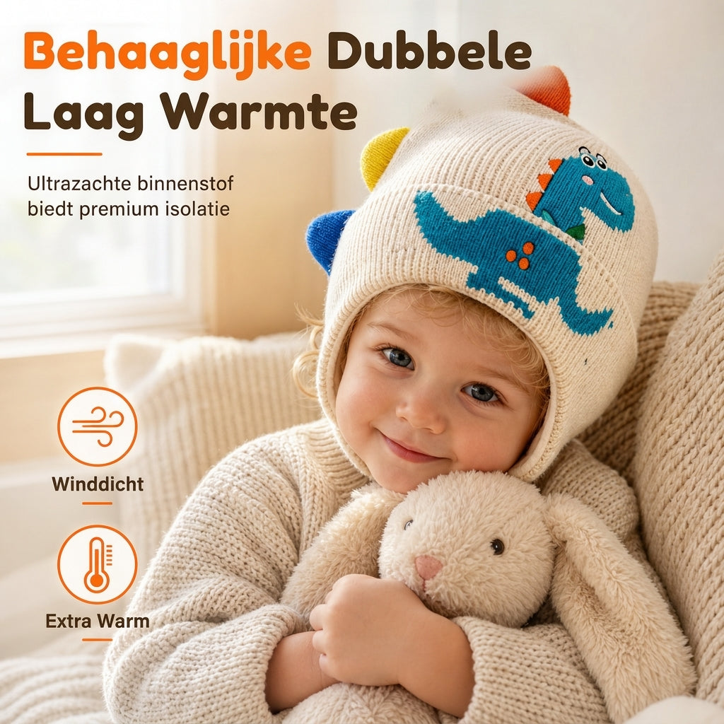 Schattige gebreide dinosaurusmutsen voor peuters en kinderen, dikke warme winddichte wintermuts met oorbescherming voor jongens en meisjes