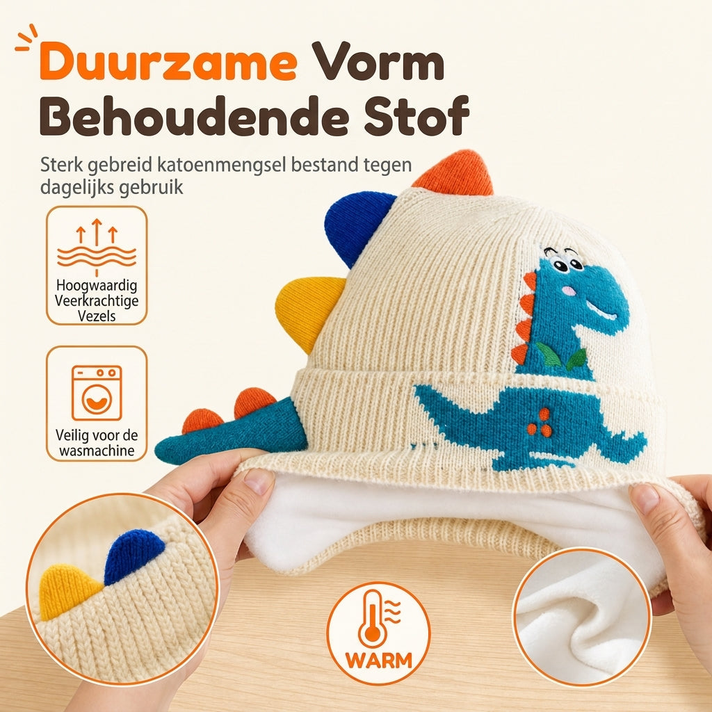 Schattige gebreide dinosaurusmutsen voor peuters en kinderen, dikke warme winddichte wintermuts met oorbescherming voor jongens en meisjes