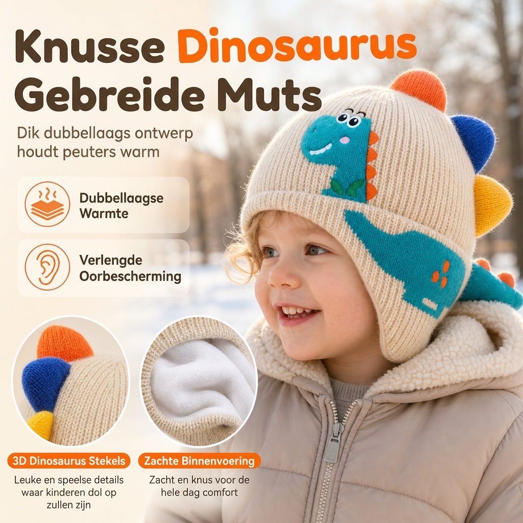 Schattige gebreide dinosaurusmutsen voor peuters en kinderen, dikke warme winddichte wintermuts met oorbescherming voor jongens en meisjes
