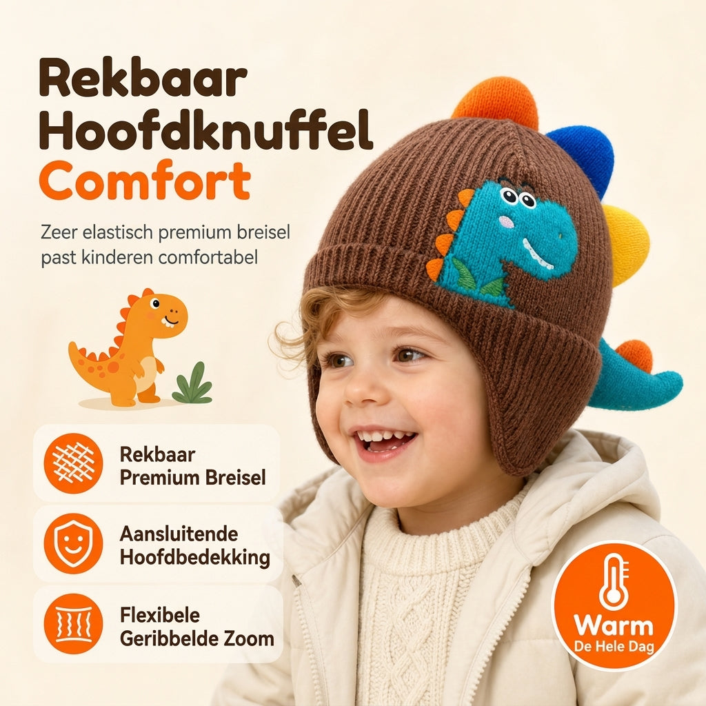 Schattige gebreide dinosaurusmutsen voor peuters en kinderen, dikke warme winddichte wintermuts met oorbescherming voor jongens en meisjes