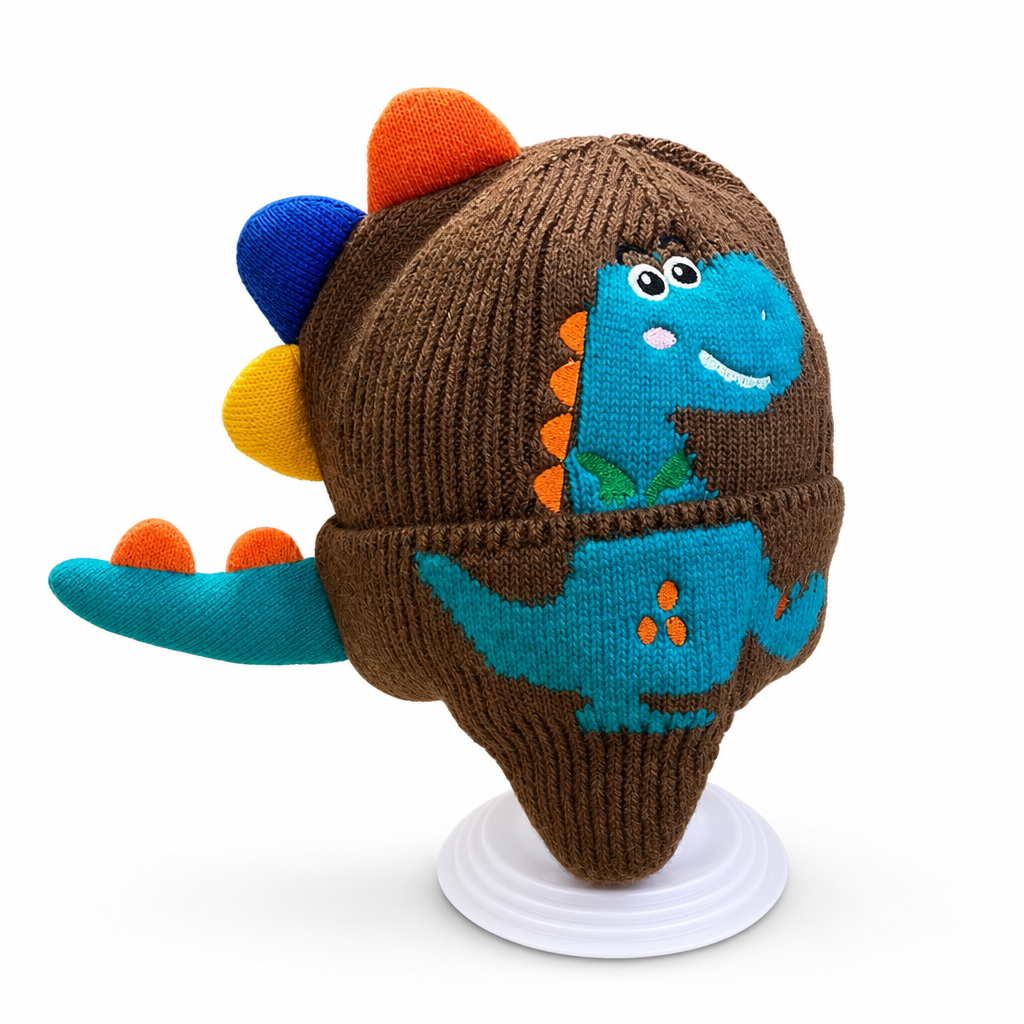 Schattige gebreide dinosaurusmutsen voor peuters en kinderen, dikke warme winddichte wintermuts met oorbescherming voor jongens en meisjes