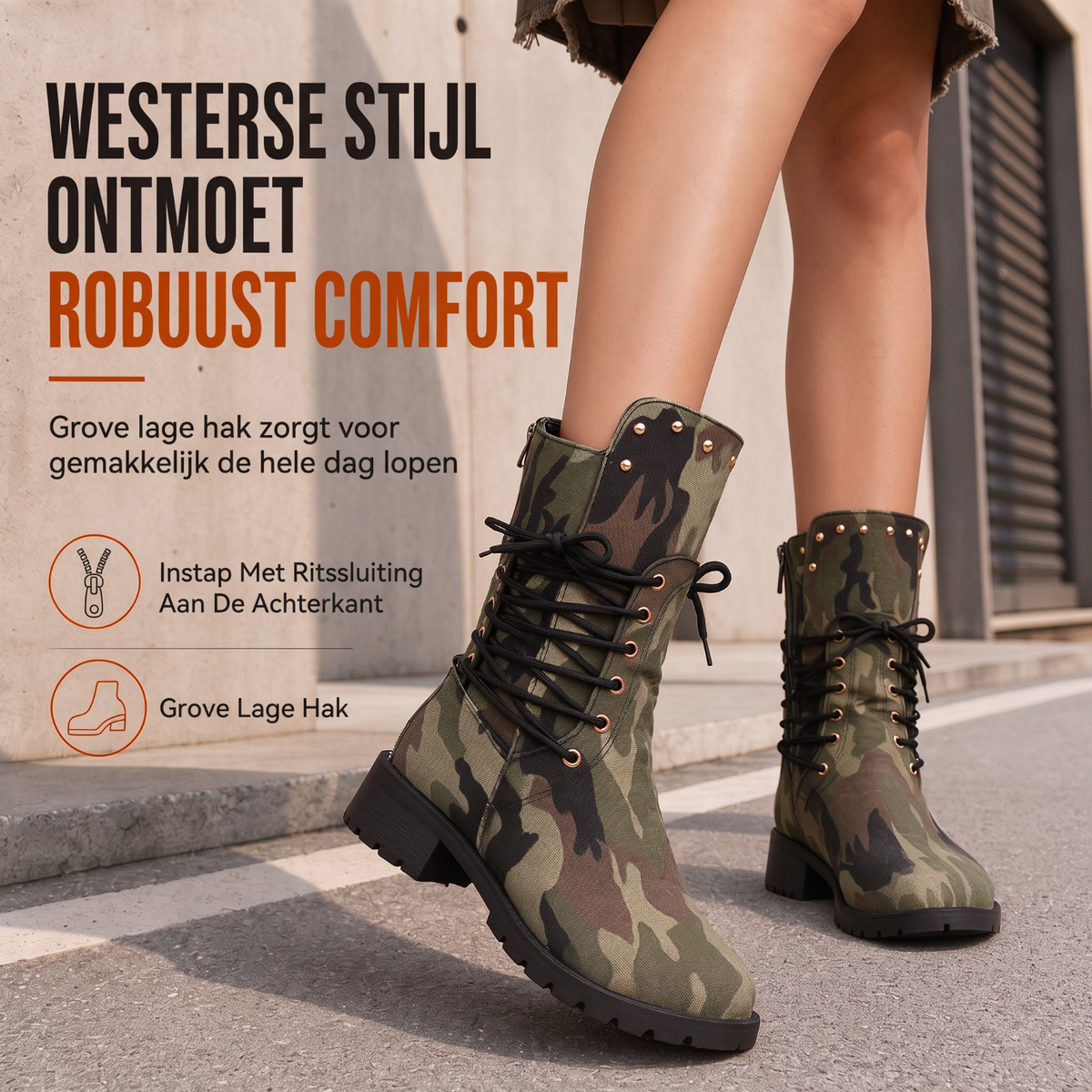 Dames retro Westerse cowboylaarzen grote maten camouflage geklonken hoge laarzen