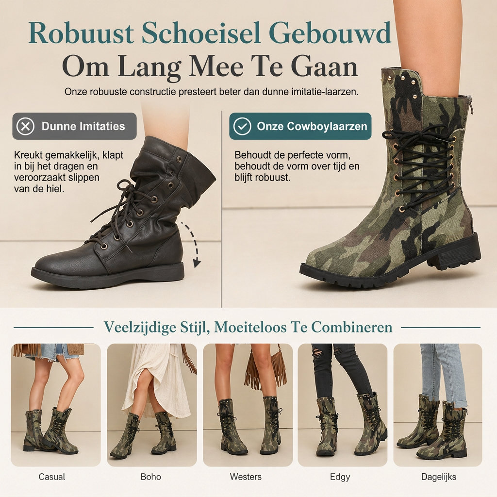 Dames retro Westerse cowboylaarzen grote maten camouflage geklonken hoge laarzen