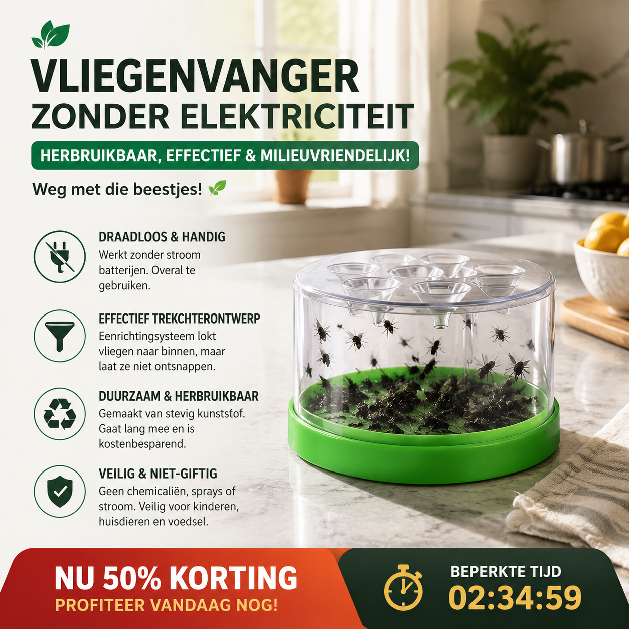 ♻️50% KORTING! Stop met het meppen naar vliegen alsof je een dirigent bent! Deze niet-elektrische vliegenval met eenrichtingstrechter zuigt ze naar binnen en laat ze nooit meer los – overal te plaatsen, veilig voor kids en huisdieren!