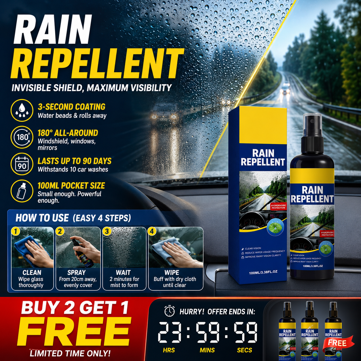 🚗 KOOP 2, KRIJG 1 GRATIS! Kristalheldere Regenafstotende Spray – Voor Een Helder Zicht in de Regen 🌧️