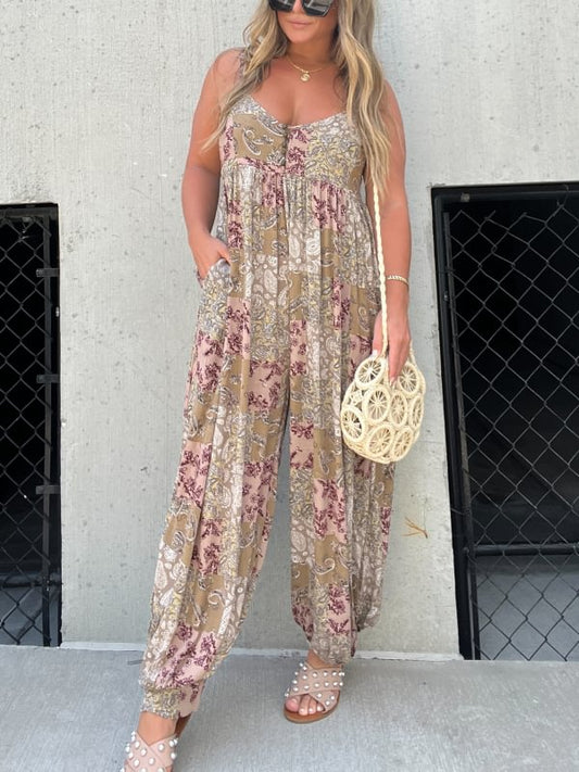 2023 Hot Sale Patchwork Print Løs Jumpsuit🌈10 % rabatt for to eller flere🌈