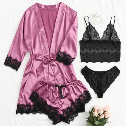 Blonde Satin Suspender Nightgown Four-piece Set